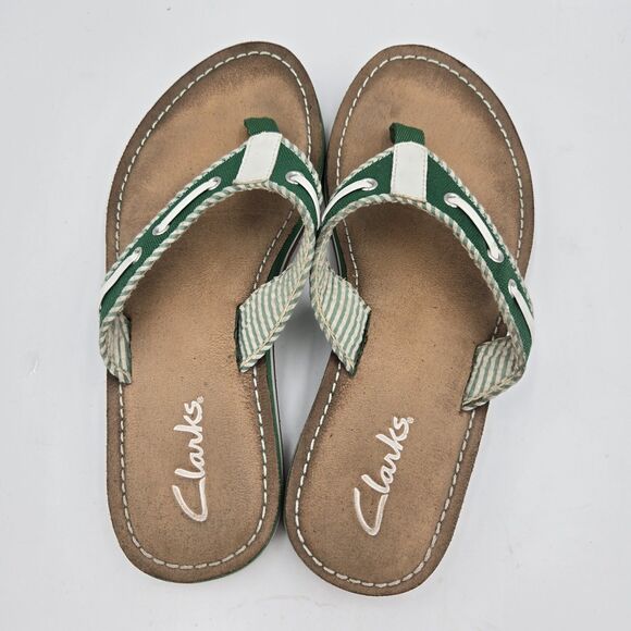 Clarks Sandals Womens 5 M Flo Cherrymore Slip On Thong Flip Flops Green White - Picture 1 of 8